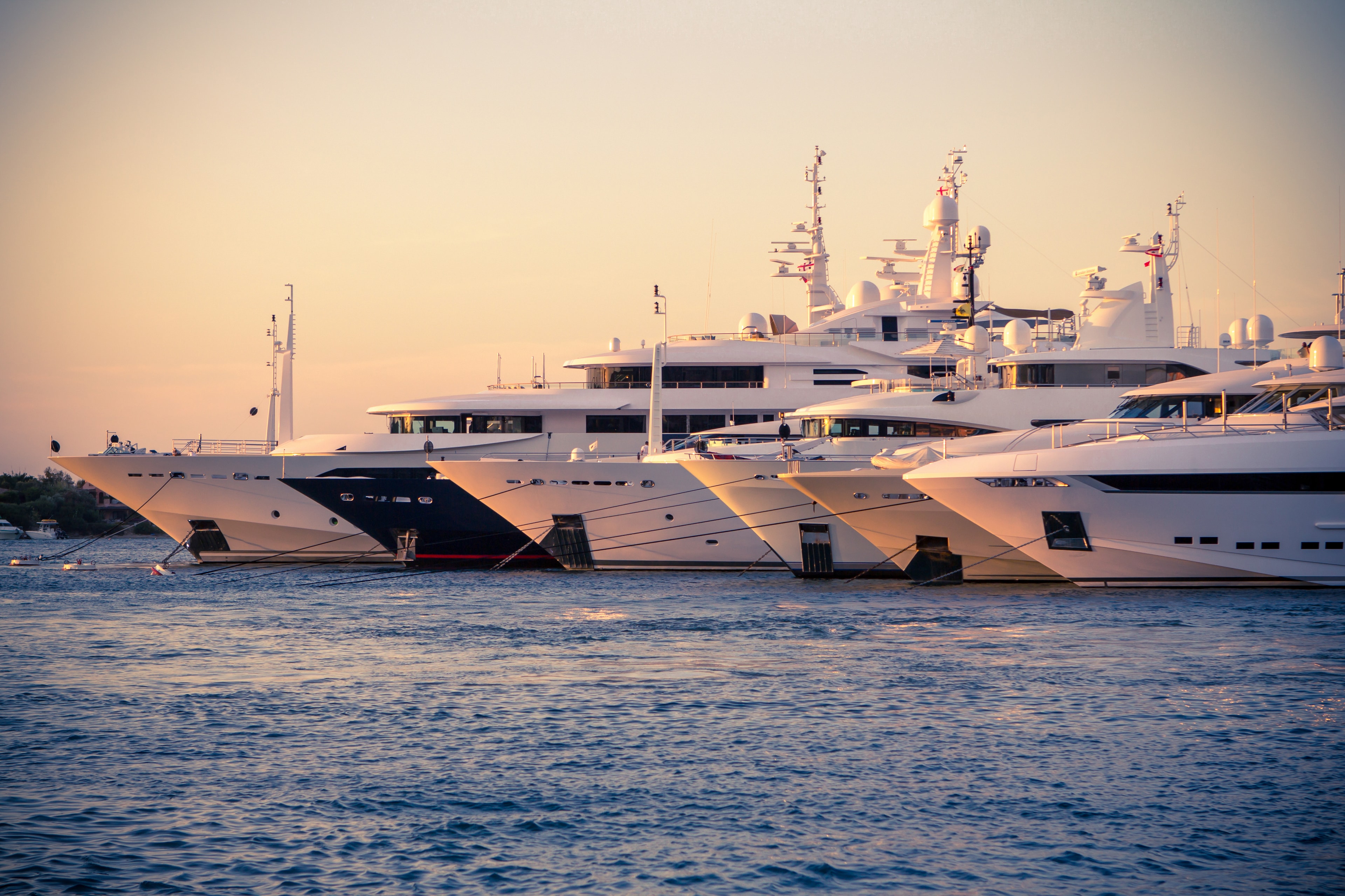 Luxury yachts at sunset harbor