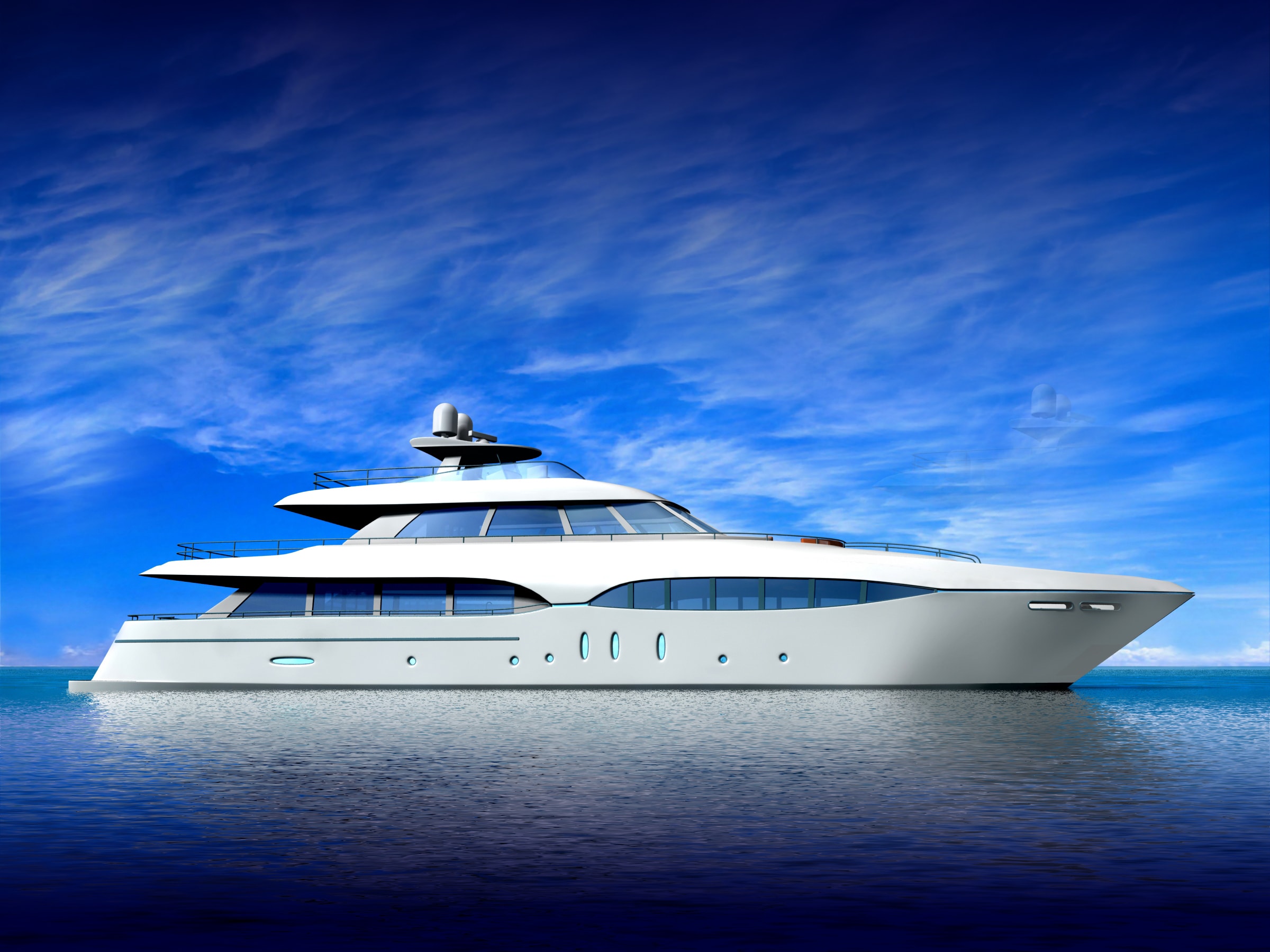 Luxury yacht anchored in calm blue water